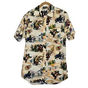 Betabrand Godzilla Button Up Shirt Short Sleeve Monster Print Beige Anime Size M